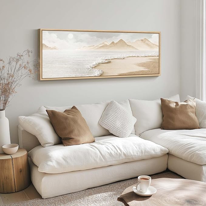 Framed Boho Coastal Beach Wall Art for Living Room, Large Neutral Ocean Canvas Artworks for Walls, Horizontal Abstract Minimalist Coastal Art Print for Bedroom Kitchen Office Wall Decor, 20x60 Inch