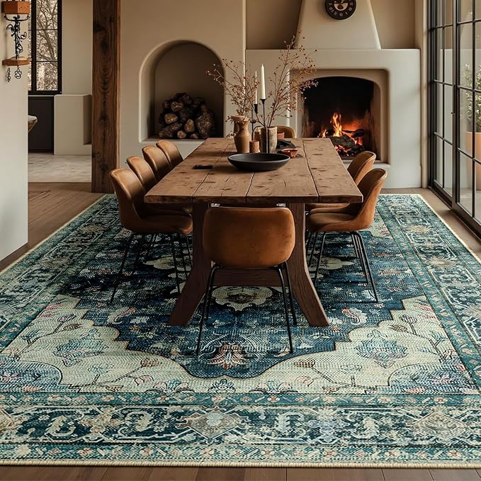 RELEANY Area Rugs Large 10'x12' Washable Non-Slip, Floral Vintage Distress Medallion Carpet for Living Room Bedroom Dining Room, Dark Blue Vintage