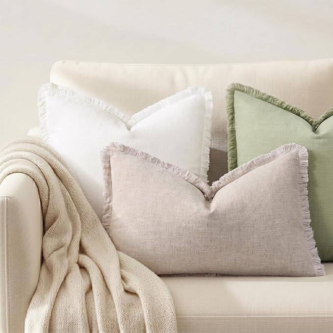 decorUhome Linen Fringe Lumbar Throw Pillow Covers Set of 2 Decorative Natural Beige Pillow Covers with Tassels Soft Accent Boho Farmhouse Pillow Cases for Couch Bed Sofa 12x20 Inch