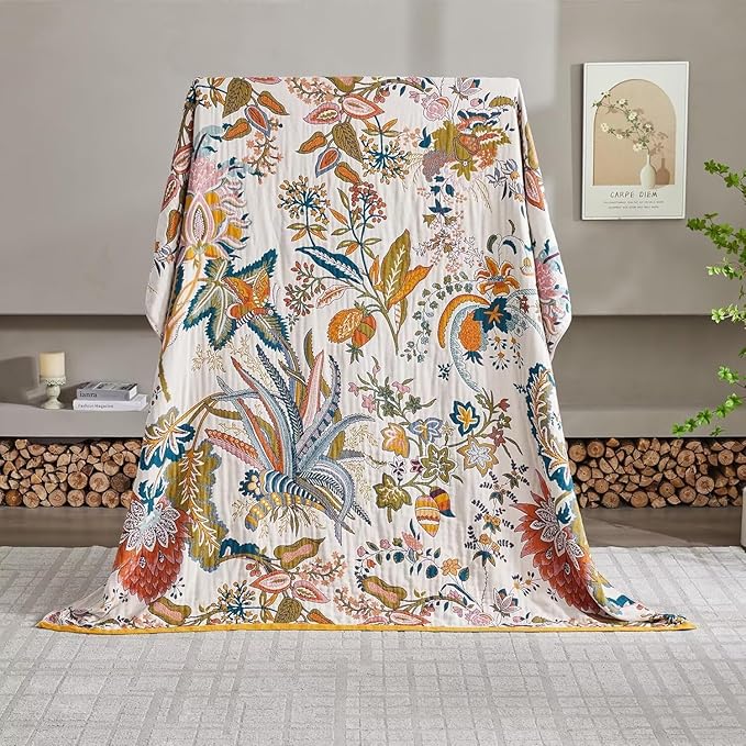 Boho Throw Blanket Farmhouse Decor Throw Blanket Bohemian Blanket for Bed 100% Cotton Muslin Woven Couch Blanket All Seasons Quilt Bedroom (Beige, 50"x60")