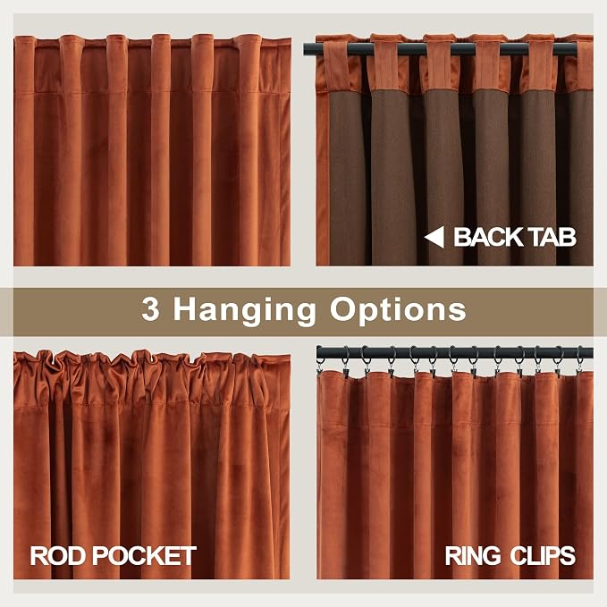 Terracotta Velvet Curtains 84 Inch Length 2 Panels Set Back Tab Luxury Boho Blackout Curtain for Living Room Bedroom Thermal Insulated Soft Window Drapes Brick Rust Orange Bohemian Fall Decor 7FT Long