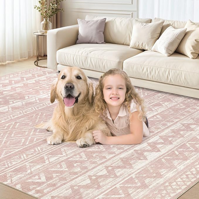 cotiled 5x8 Area Rugs Living Room Rug: Washable Boho Rugs with Non Slip Backing Large Soft Indoor Stain Resistant Carpet for Bedroom Farmhouse Dining Room Lightweight Home Decor Lotus Pink