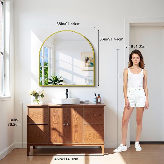 CIRCUMI Arched Wall Mirror, 36"x36" Gold Arched Mirror with Tempered Glass, Metal Frame, Large Size for Entryway Table, Mantel,Living Room,Over Sink,Arch Mirror for Decor,Shatterproof&Crystal-Clear