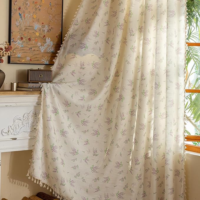 OYX Purple Floral Curtains 96 Inch Length Linen Farmhouse Curtain Rod Pocket Drapes for Living Room Bedroom Light Filtering Vintage Curtains, 2 Panels, 52Wx96L