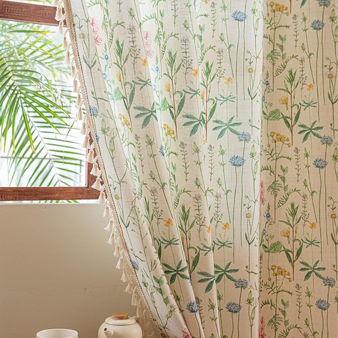 Deeprove Boho Curtains 63 Inches Length 2 Panels with Handmade Cream Tassel, Herbs Florals Print Textured Window Drapes for Living Room Bedroom Farmhouse Cottage Shabby Style Privacy, 52W x 63L