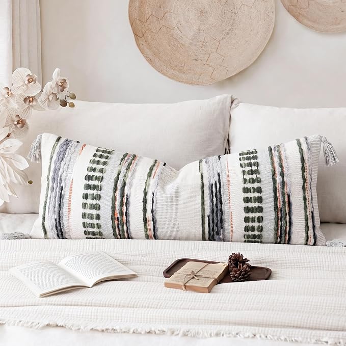 NUYECY Chenille and Cotton Long Pillow for Bed,Striped Textured Boho Long Lumbar Throw Pillow Cover 16x36,Neutral Accent Decorative Extra Long Body Pillow Case for Couch Sofa Bedroom,Sage Green