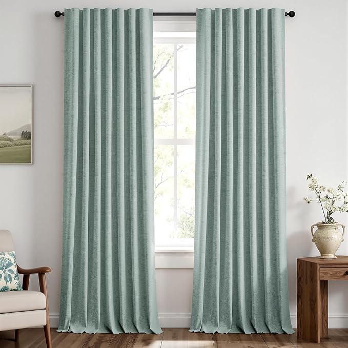 MIULEE 100% Blackout Linen Curtains for Bedroom, Seafoam Green Solid Luxury Decor Thermal Insulation Room Darkening Drapes for Living Room Back Tab Rod Pocket 42 x 96 Inches, 2 Panels