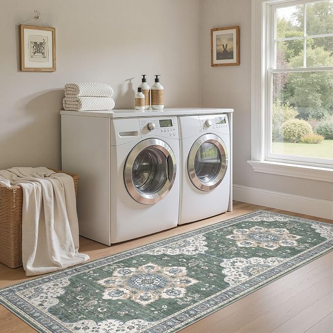 Area Rug for Entryway - 3x8 Soft Washable Oriental Vintage Floral Distressed Large Carpet - Fade Stain Resistant Non Slip Rugs for Bedroom Dining Room Nursery Dorm Office Home Decor - Green