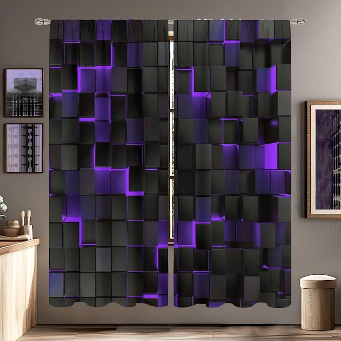 MESHELLY Abstract Black Purple Curtains 52Wx84H Inch Rod Pocket Modern 3D Gradient Design Futuristic Geometric Cubes Bedroom Window Drapes Man Boys Minimalist Printed Living Room Window Treatment