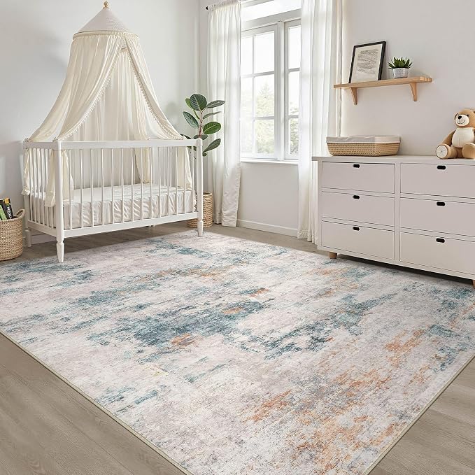 5x7 Area Rugs Living Room: Washable Large Neutral Aqua Brown Rug Abstract Soft Modern Stain Resistant Indoor Floor Non-Slip Carpet for Bedroom Nursery Kids Office Playroom Dining Room Under Table