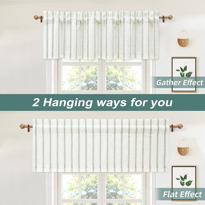 DriftAway Farmhouse Linen Lined Valance Double Layer Thermal Insulated Room Darkening Blackout Window Valances 3 Inch Rod Pocket Vertical Striped Kitchen Valance Single 52 Inch by 18 Inch Loden Green