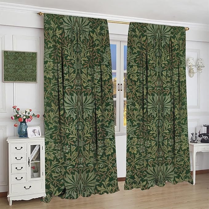Bohemia Art Blackout Window Curtains, William Morris Original Design Green Garden Vintage Curtains, for Living Room Bedroom 26(W)*84(L) 2 Panels