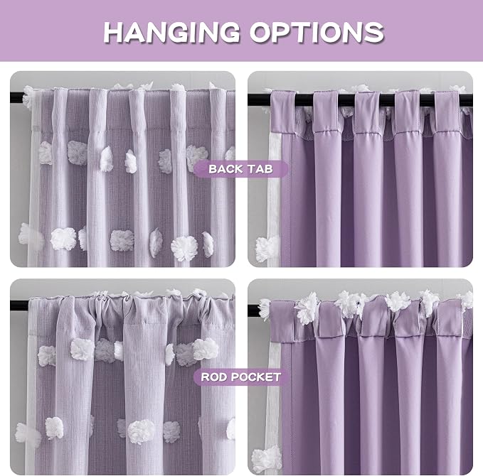 MYSKY HOME Purple Curtains for Girls Bedroom Nursery Curtain with White Pom Pom Sheer Window Drapes for Kids Room Back Tab Room Darkening Double Layer 54 Inches, Lilac, 52 x 54 Inch, 2 Panels