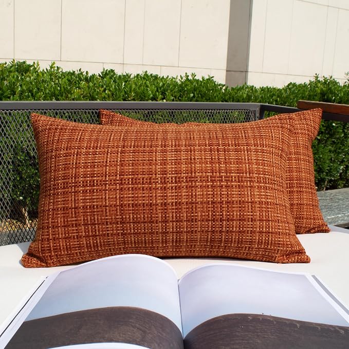 Kevin Textile Outdoor Waterproof Throw Pillow Covers 14x24 Inch Pack of 2 Woven Faux Linen Farmhouse Decorative Water Resistant Lumbar Cushion Covers for Tent Patio Garden Couch Sofa Burnt Orange