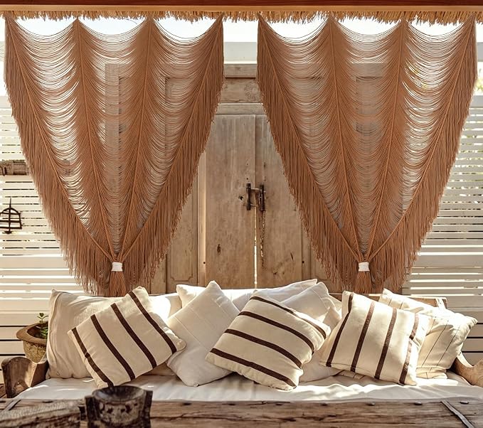 Flber 2 Panels Macrame Curtains Brown 59" W x 75" H Light Filtering Window Curtains Semi Sheer Drapes Room Divider Door Curtain, Wedding Backdrop Soft Neutral Window Treatment for Living Room Bedroom