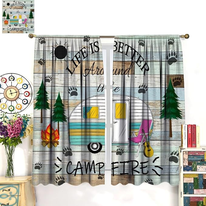 Camping Blackout Curtains Vintage Rustic Cabin Camping Drapes Farmhouse Style Camping Wooden Windows Treatments Rod Pocket Drapes for Kitchen Farm Living Room Bedroom 63x72in