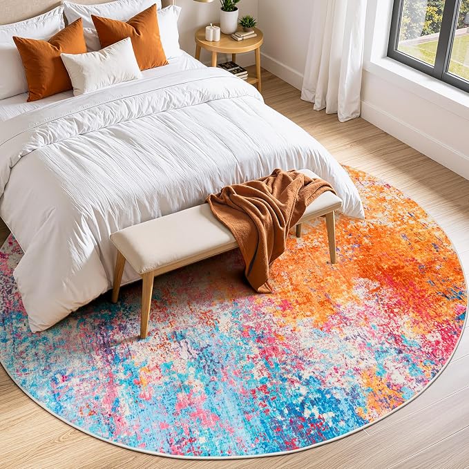 Rugflix Round Area Rugs 8Ft for Living Room, Washable Circle Rug Stain-Resistant Low Pile, Modern Dark Carpet for Bedroom Dining Room Home Office Kid Nursery Room, Rainbow