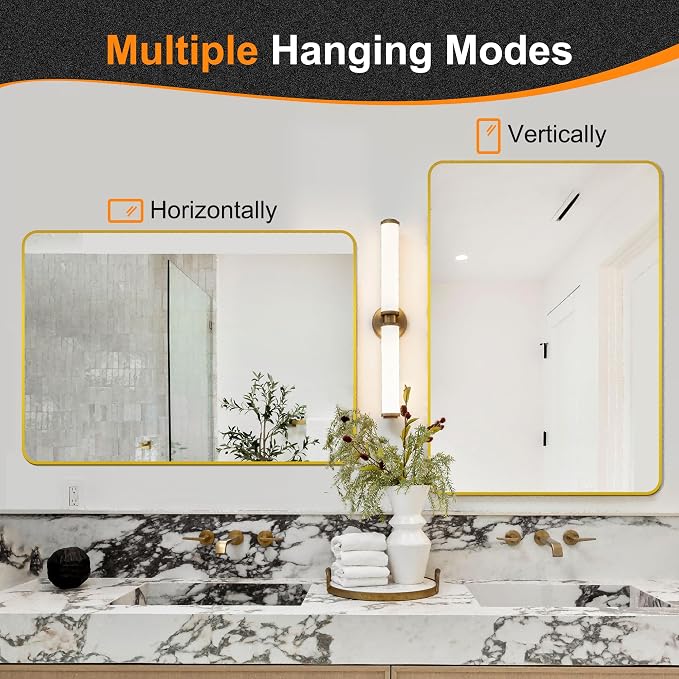 Delma Bathroom Mirror, Sleek Wall Mirror for Over Sink, Tempered Glass, Anti-Rust, Hangs Horizontally or Vertically for Bathrooms, Bedrooms & Entryways(40x28, Gold)