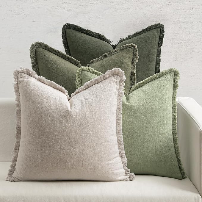 MIULEE Decorative Couch Pillow Covers Neutral Linen Fringe Throw Pillows Set of 4 Boho Farmhouse Accent Cushions for Bed Sofa Living Room Spring Home Decor 18x18 Inch Beige/Sage Green