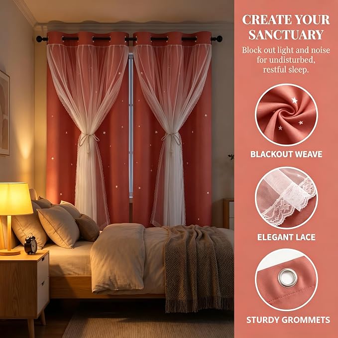 Princess Curtains for Girls Bedroom with Sheer Overlay,Double Layer Curtain for Living Room with Star Cutout, Curtains for Kids Room (52 W*84 L Inches,2 Pcs Coral)