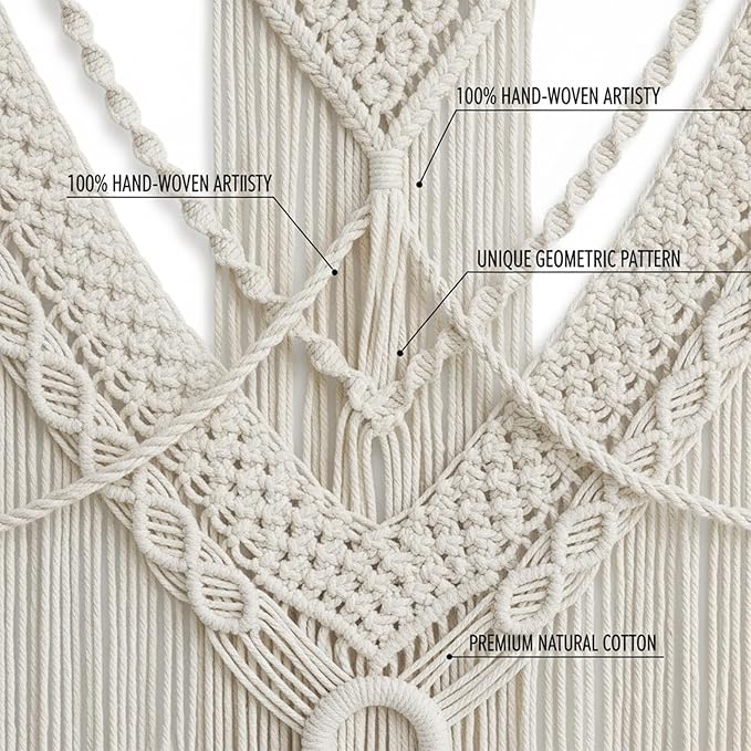LISRRZHEN Large Macrame Wall Hanging - Boho Nordic Geometric Woven Tapestry, Handcrafted Cotton Wall Decor for Living Room Bedroom Entryway Apartment