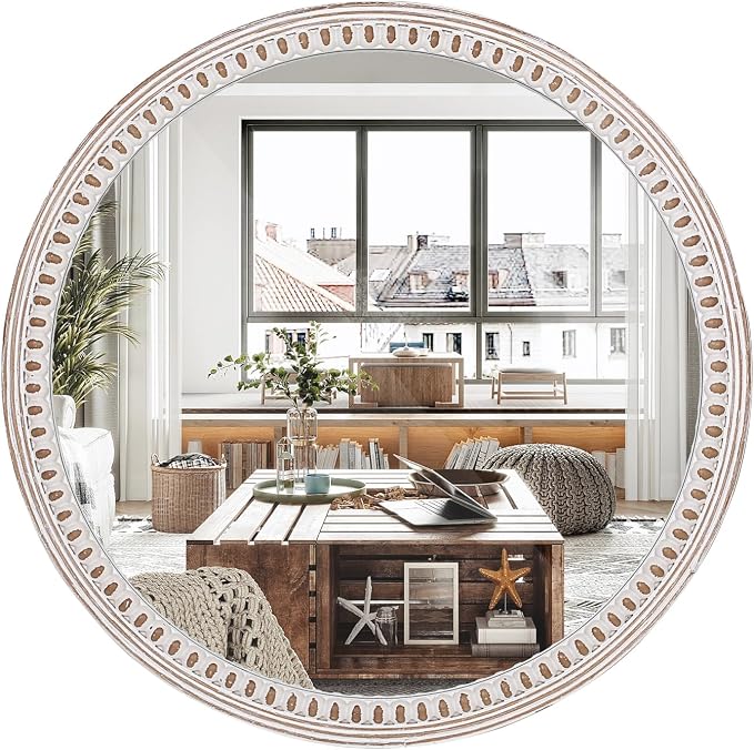 24 Inch Rustic Farmhouse Round Wood Wall Mirror for Bathroom Entryway Decor | Soft Curved Shape Balances Straight Furniture Lines While Creating an Inviting Focal Point in Compact or Open Areas