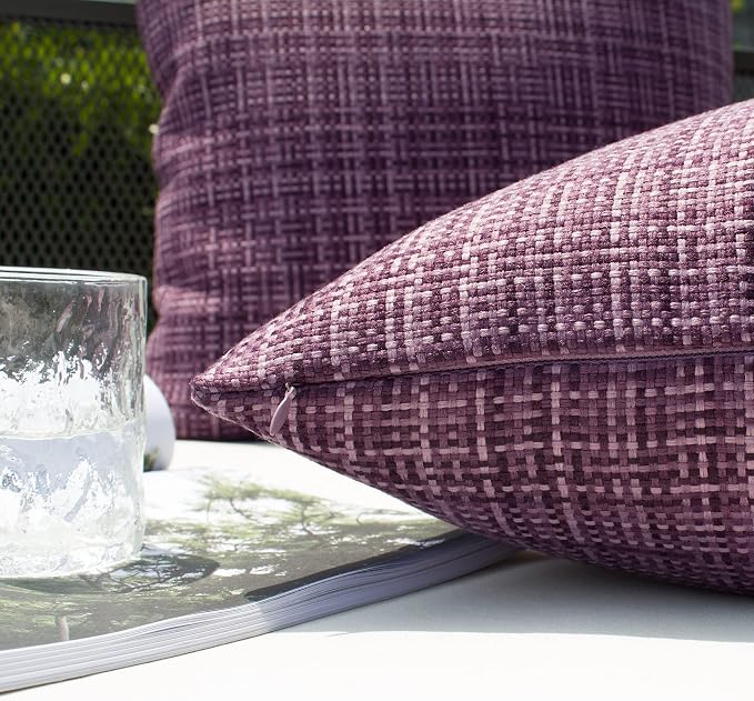 Kevin Textile Outdoor Waterproof Throw Pillow Covers 26x26 Inch Pack of 2 Woven Faux Linen Farmhouse Decorative Euro Shams Water Resistant Cushion Covers for Tent Patio Garden Couch Sofa Violet
