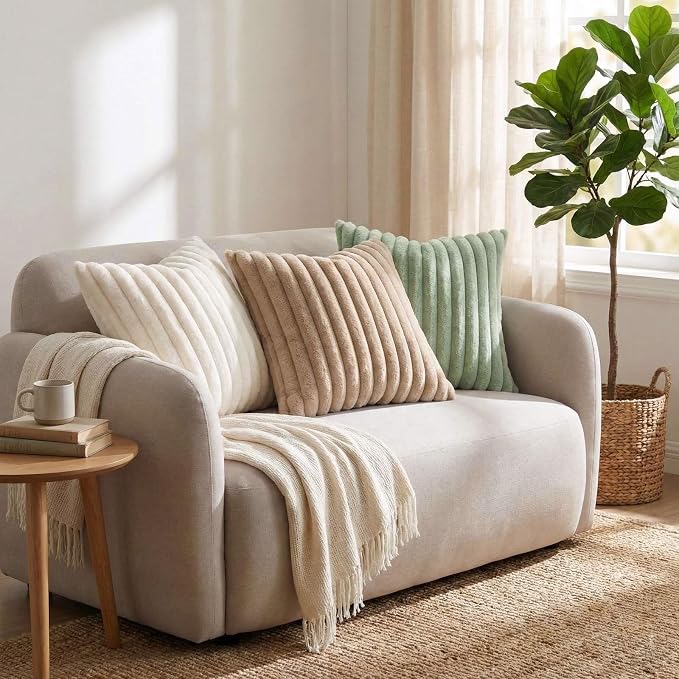 Pallene Faux Fur Plush Throw Pillow Covers 20x20 Set of 2, Luxury Soft Fluffy Striped Decorative Pillow Covers for Sofa, Couch, Living Room, Sage Green