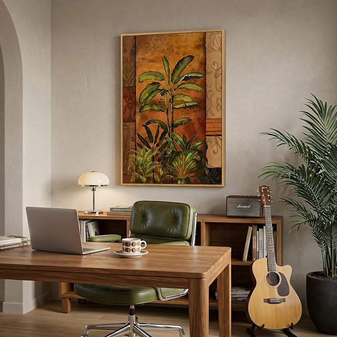 Framed Boho Tropical Botanical Wall Art for Living Room, Brown Green Plant Leaf Paintings Prints Canvas Artwork for Walls, Vertical Mid Century Modern Wall Decor for Bedroom Kitchen Home, 24x36 Inch