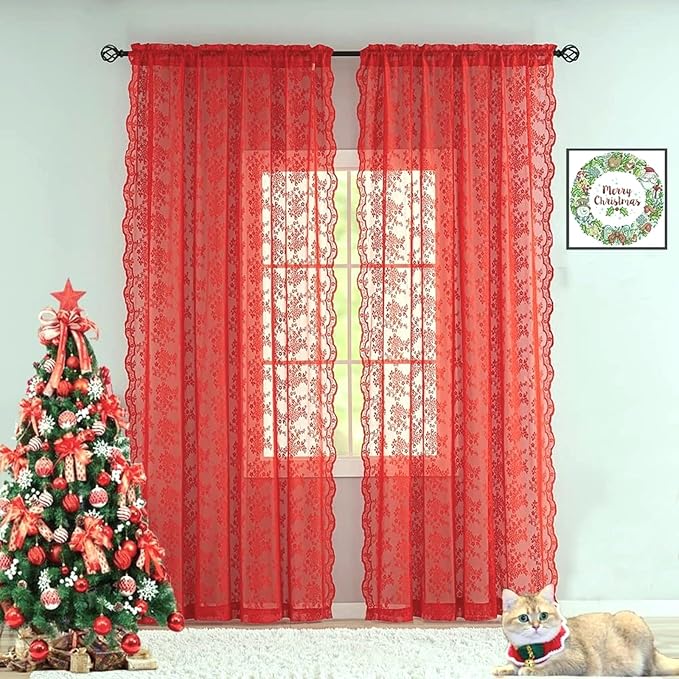 YJ YANJUN Vintage Lace Curtains 90 Inches Long 2 Panels - Retro Floral Red Christmas Sheer Curtains for Living Room Bedroom Rod Pocket Wedding Party Xmas Christmas Holiday Decor 52" W x 90" L