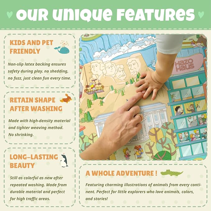 Patriotic Large 8x10 Kids Playroom Rug – North America Geography Carpet with Landmarks, Wildlife & U.S. Presidents – Giant Educational Area Rug for Homeschool, Daycare, Classroom, or Pretend Play Area