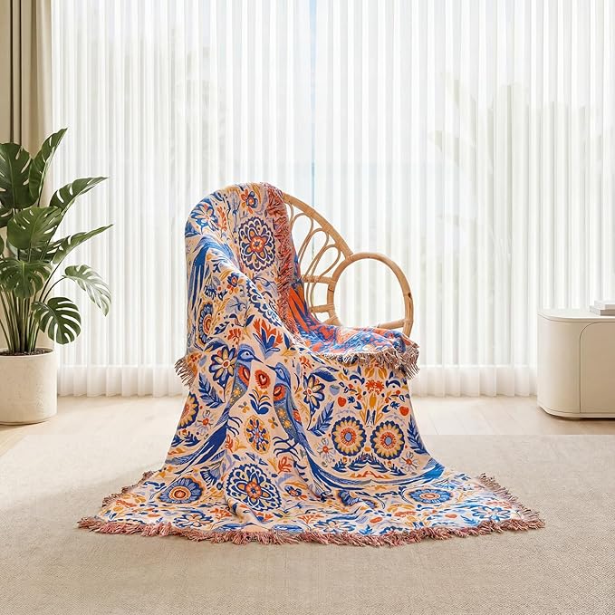 Boho Throw Blanket - 100% Cotton Ultra Soft Muslin Spring Blanket, 50"x60" Lightweight Floral Bird Framhouse Bedding Blanket for Bed, All Season Blue Bohemian Bedroom Home Decor Quilt