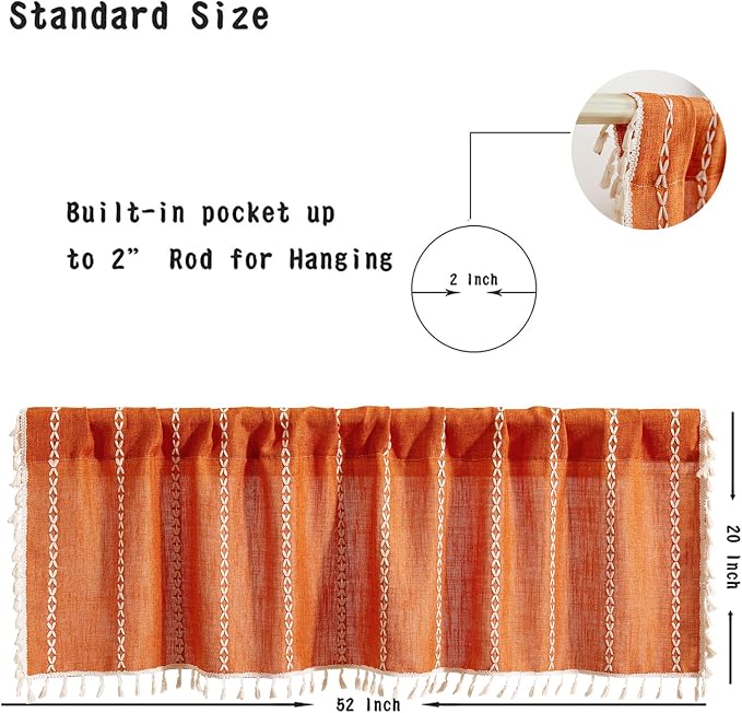 RoomTalks Rustic Farmhouse Kitchen Valances for Windows in Orange, 18’’L x 52’’W Boho Striped Fall Autumn Color Country Cottage Textured Tassel Curtain Valances for Bathroom Living Room