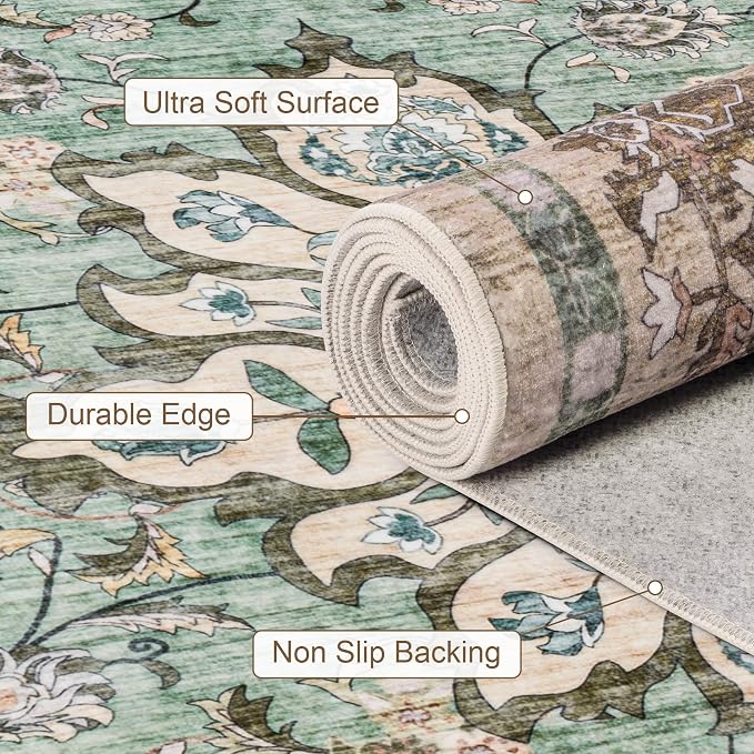 Round Area Rug for Living Room: 6ft Washable Vintage Boho Soft Thin Circle Rug Indoor Floor No Slip Stain Resistant Carpet for Bedroom Dining Room Farmhouse Nursery Home Office - Brown Green