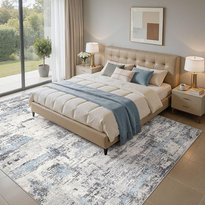 Area Rugs 5x8 Living Room: Washable Large Abstract Modern Neutral Soft Rug Stain Resistant Non-Slip Backing Carpet for Bedroom Dining Room Indoor Nursery Dorm Home Office Decor - Blue Grey