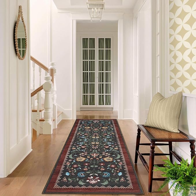 GarveeHome Floral Rug 2.5x10 Runners for Hallways, Boho Kitchen Runner Rugs Non Slip Bath Runners, Vintage Washable Runner Rug for Bedroom, Soft Long Rugs for Entryway Bathroom Laundry Dorm, Red