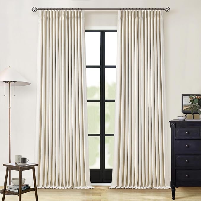 Pinch Pleated 120 Inch Curtains High Ceiling Tall Linen Curtains for Living Room Bedroom Large Window Drapes 120 Inch Length Back Tab Heat Insulated Bohemian Blackout Drapes Cottage Cream Beige