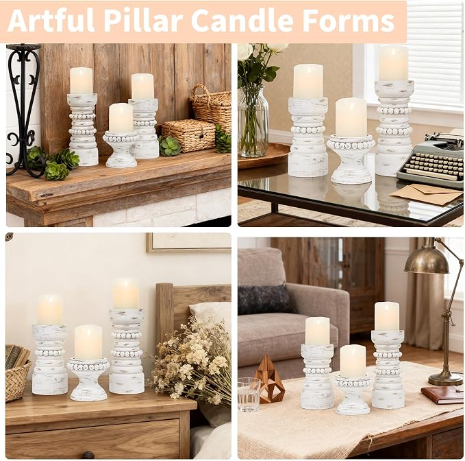 Rustic White Wood Candle Holders Set of 3, Farmhouse Beaded Wood Pillar Candle Holder, Candle Holders for Pillar Candles & Candlesticks, Candle Sticks Holder Decor for Table Centerpiece