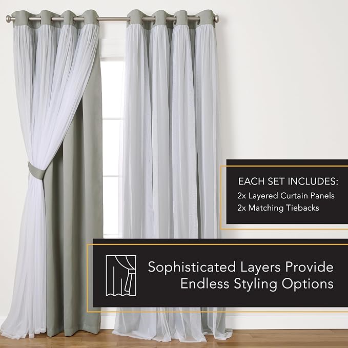 TOWN & COUNTRY LUXE Talia Double Layer Indoor Curtains, Sheer and Room Darkening Blackout, Grommet Top, Energy Efficient, 2-Pack Set, 52"x84", Soft Grey