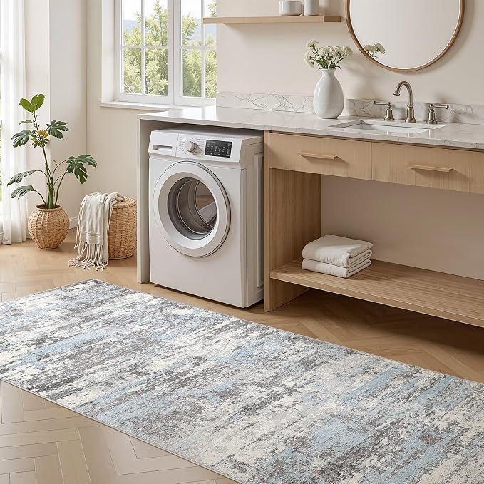Hallway Washable Runner Rug: 3x12 Abstract Modern Soft Stain Resistant Non-Slip Backing Runner for for Entryway Kitchen Laundry - Blue Grey