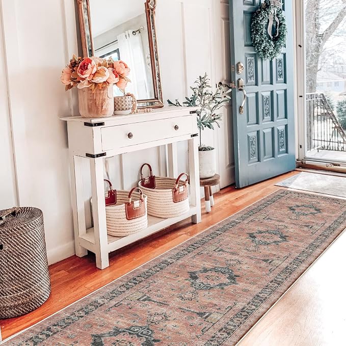 Hallway Washable Runner Rug - 2x10 Kitchen Rugs Entryway Rug Runner Vintage Soft Floor Mat Non Slip Indoor Farmhouse Carpet for Bathroom Living Room Bedroom (2 X 10, Orange)