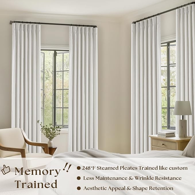 Beige White Pinch Pleated Full Blackout Curtains 2 Panels Set Linen Room Darkening 100% Black Out Window Curtains 96 Inch for Living Room Bedroom Thermal Insulated Pinch Pleat Drapes with Hooks Rings