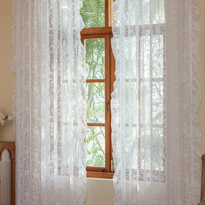 TUDECO White Lace Curtains 63 Inch Length - Victorian Sheer Voile Floral Curtains for Bedroom Nursery Elegant Ruffle Privacy Light Filtering 2 Panels Rod Pocket Window Decor, 59 x 63 Inch