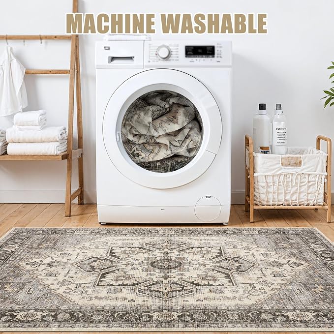 8x11 Area Rugs for Living Room - Large Carpet Ultra Thin Soft Washable Oriental Vintage Floral Distressed Rug Big Indoor Carpets for Bedroom Nursery Dorm Home Decor Aesthetic - Grey Brown