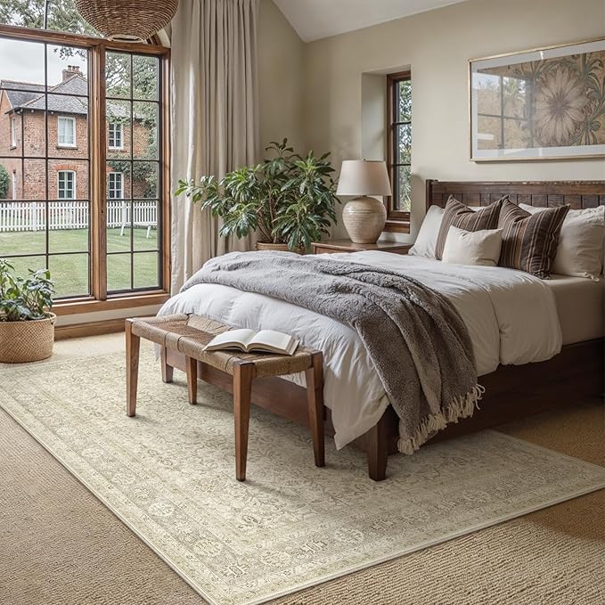 PureCozy Vintage Area Rug 6x9 Beige Washable Living Room Large Carpet Non Slip Bedroom Indoor Office Low Pile Traditional Distressed Retro Accent Rug for Dining Room Kitchen