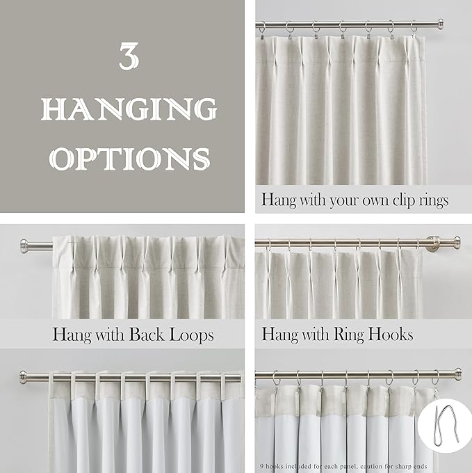 Pinch Pleated Blackout Curtain Panels with Full Blackout Liner Linen Blend Thermal Insulated Window Treatment Sets with Back Tab for Living Room Bedroom Drape with 9 Hooks, 40"x72"x2, Natural