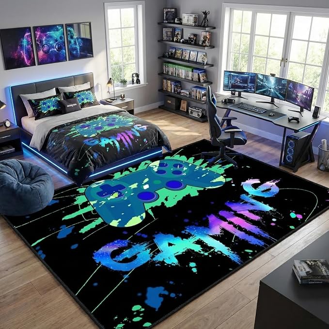 Gamer Rugs for Boy Bedroom Rug Large Video Game Rug Decor for Teenage Boy Room Child Play Soft Floor Mat for Dining Living Room Decorate, 4'5"x6'