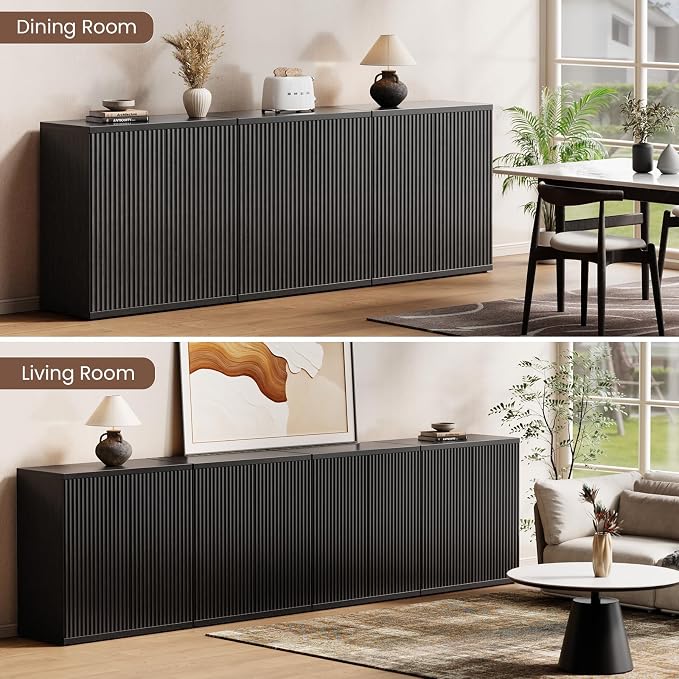 Fluted Buffet Cabinet Sideboard with Storage, Modern Black Credenza Cabinet with 2 Doors & Adjustable Shelf, 15" Deep Wood Accent Cabinet for Dining Room, Living Room, Entryway & Kitchen