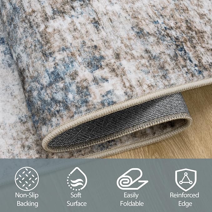 8x10 Area Rugs for Living Room Rug Washable: Abstract Large Rug for Dining Room Bedroom Carpet Non Slip 8 by 10 Indoor Modern Nursery Home Office White Brown Blue