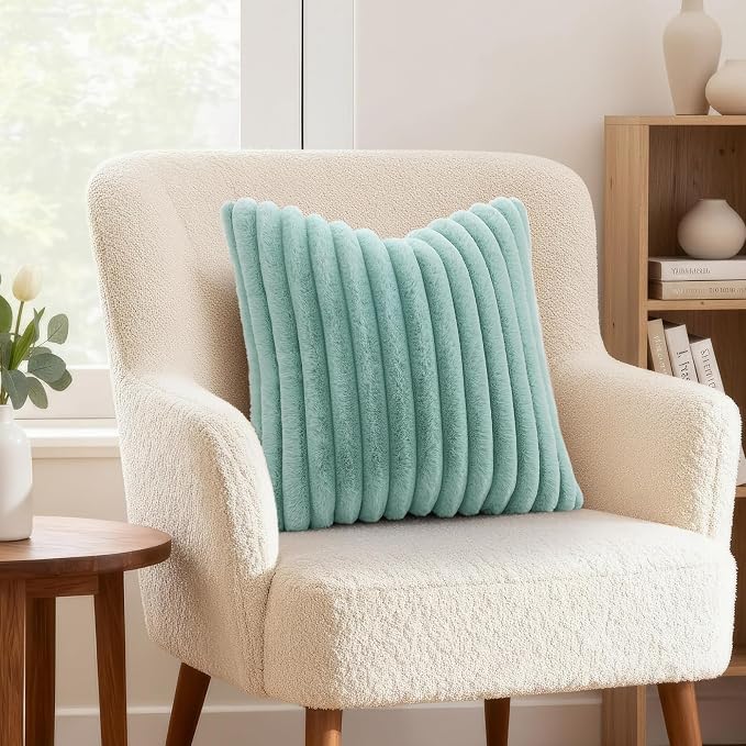 decorUhome Fall Cozy Faux Fur Throw Pillow Covers 24x24 Set of 2 Decorative Soft Plush Striped Modern Farmhouse Boho Couch Euro Sham Pillow Cases with Velvet Back for Sofa Bed Living Room, Aqua